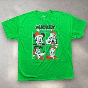 Disney‎ Mickey and Friends Christmas Green Graphic T-Shirt Mens XL Santa Hat